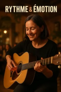 Guitariste débutant jouant avec émotion dans un cadre chaleureux, Guitar Social Club