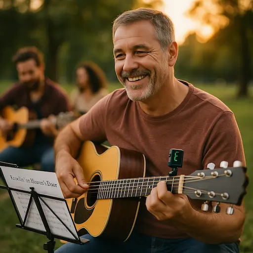 Guitariste débutant jouant après accordage