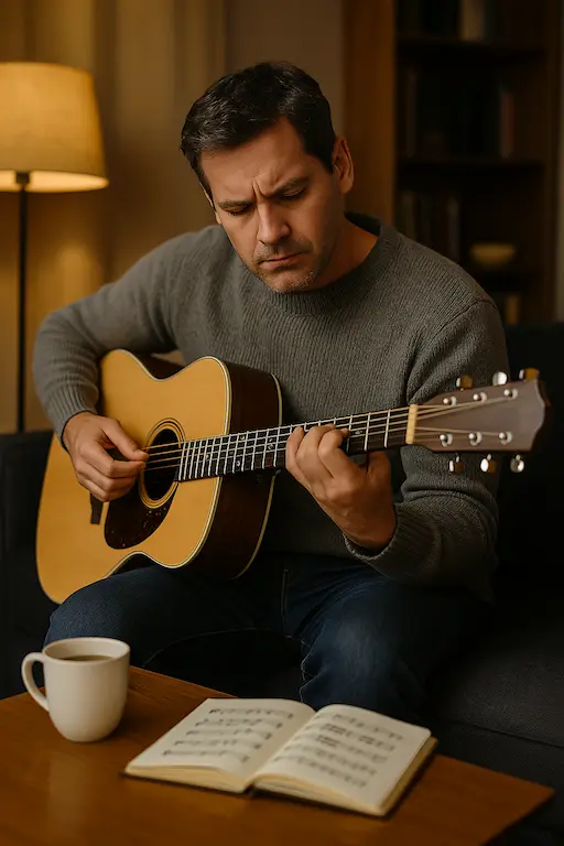 Homme concentré jouant guitare après 40 ans