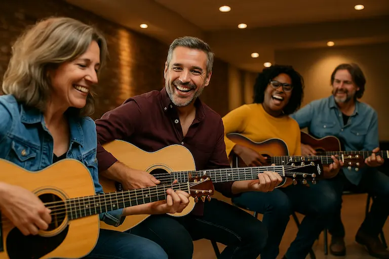 Sandrine et ses amis maîtrisant la guitare avec Guitar Social Club