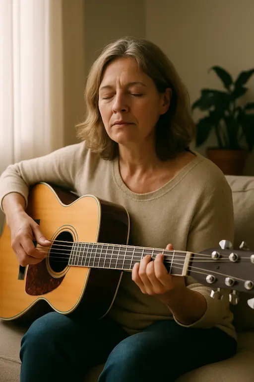 Homme adulte jouant de la guitare dans un salon ensoleillé, avec une tasse de café et une partition de 'Hallelujah'