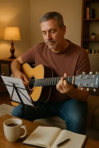 Guitariste débutant jouant accord Do majeur Hallelujah Guitar Social Club