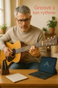 Guitariste pratiquant avec un métronome et une appli de rythme, ambiance motivante