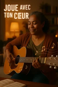 Guitariste débutant jouant une chanson émouvante dans un cadre intimiste, Guitar Social Club