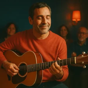 Guitariste débutant jouant avec émotion dans un café