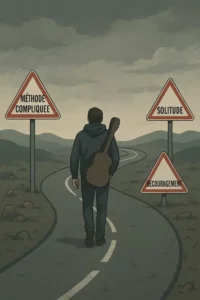 Homme seul sur une route sinueuse avec des panneaux 'Méthode compliquée', 'Solitude', 'Découragement'