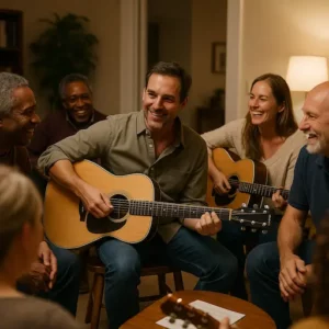 Groupe de personnes en session guitare live, ambiance conviviale