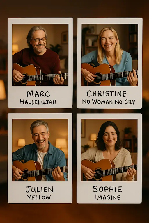 Portraits style Polaroid de Marc, Christine, Julien et Sophie avec leurs chansons apprises