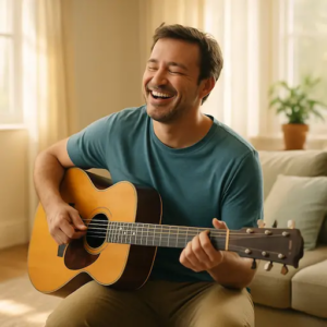 Homme de 45 ans jouant de la guitare acoustique dans un salon chaleureux, avec un sourire satisfait