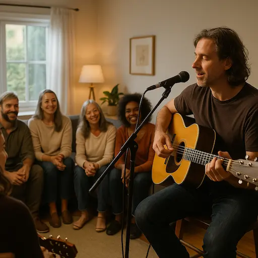 Chanteur jouant en live dans un salon devant un petit public captivé