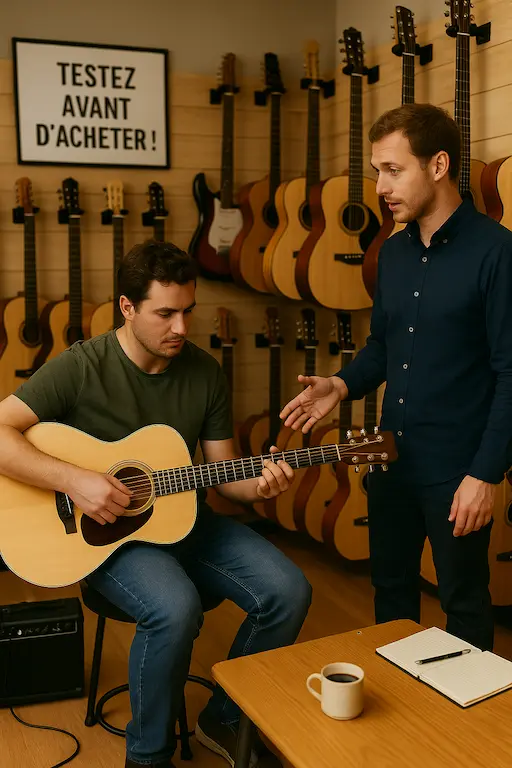 Guitariste testant une guitare en magasin de musique