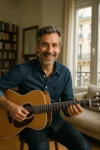 Homme souriant jouant de la guitare dans un salon parisien lumineux