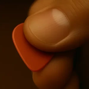 Gros plan d’une main tenant correctement un médiator rouge entre le pouce et l’index, dans un angle précis