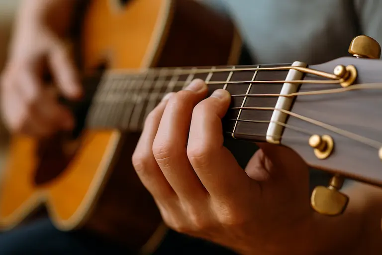 Position main gauche guitare sur cordes