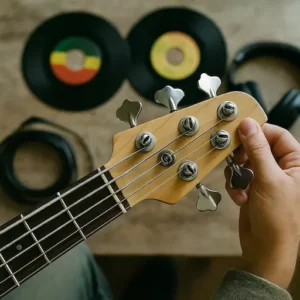Main ajustant la tête d’une basse 5 cordes avec vinyles reggae en arrière-plan