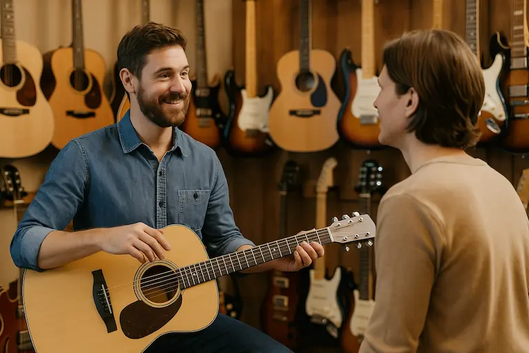 Vendeur en boutique conseillant un débutant sur différents modèles de guitares