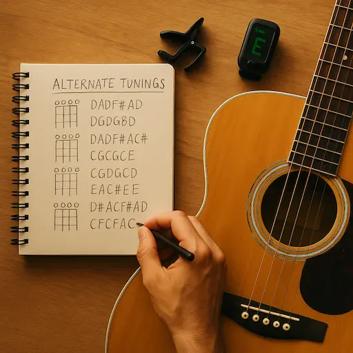 Carnet d’accordages alternatifs guitare : Drop D, Open G, DADGAD, Eb