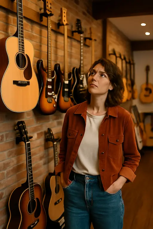 Débutant comparant plusieurs guitares dans une boutique spécialisée