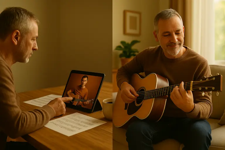 Loïc jouant un accord barré F (Fa) à la guitare