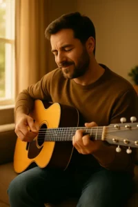 Homme jouant de la guitare acoustique chez lui, concentré et souriant, lumière naturelle