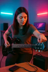 Jeune femme accordant une guitare électrique noire dans un studio éclairé au néon