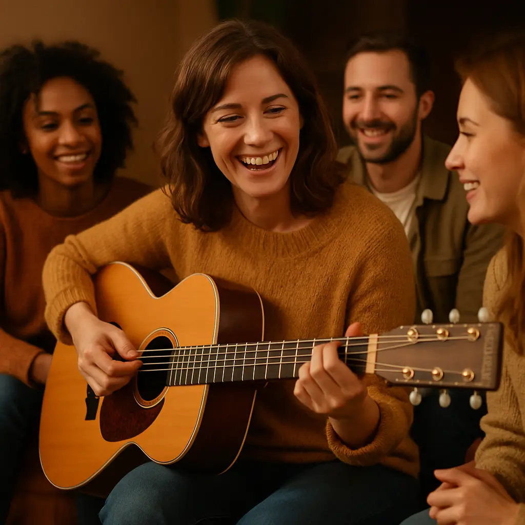 Clara jouant de la guitare acoustique avec ses amis.