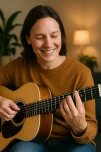 Accord de Do joué avec précision sur guitare acoustique, doigts parfaitement placés