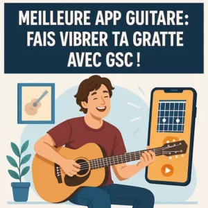 Guitariste débutant jouant avec plaisir sur une appli mobile de guitare GSC