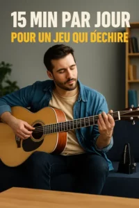 Journal d'entraînement de guitare et montre indiquant 15 minutes de pratique