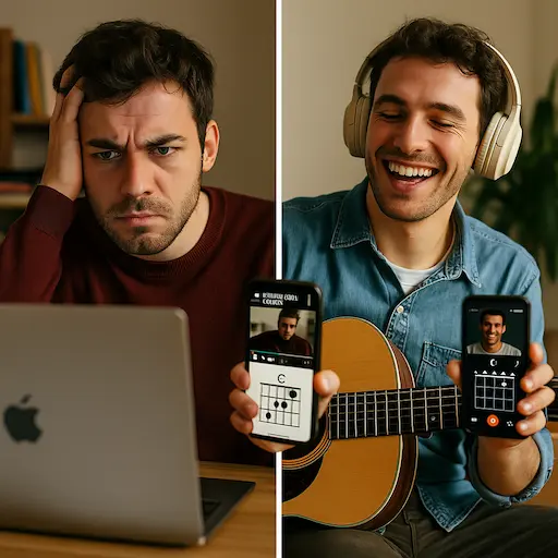 Débutant heureux progressant guitare