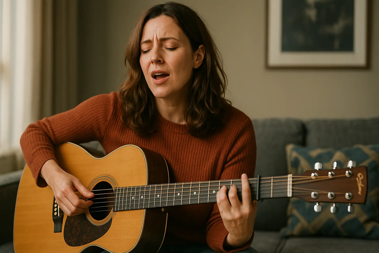 Julie jouant et chantant Wonderwall à la guitare