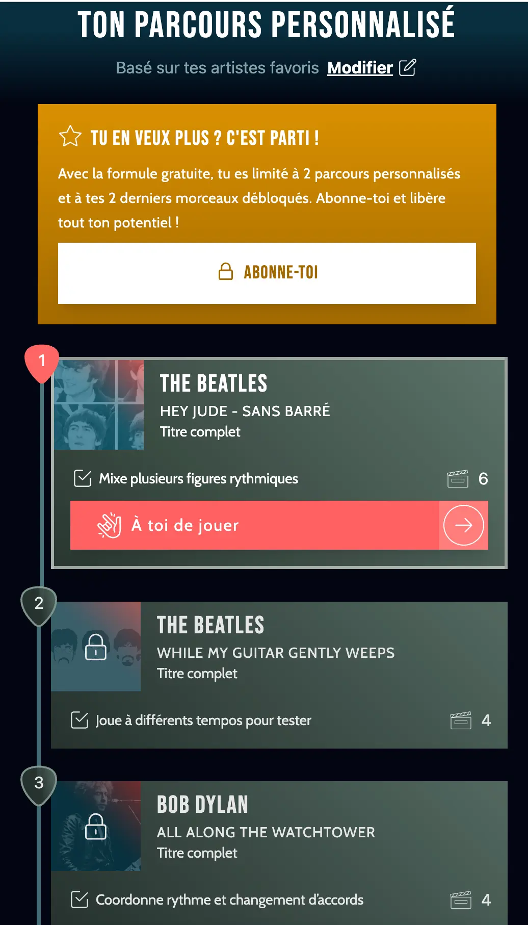 Capture d’écran du parcours personnalisé Guitar Social Club
