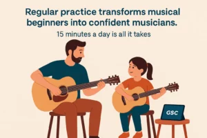 Un professeur et une élève jouant de la guitare acoustique – importance de la régularité dans l’apprentissage musical