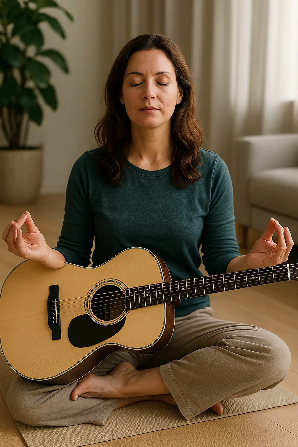Alice, une jeune femme, jouant de la guitare dans une posture méditative, les yeux fermés