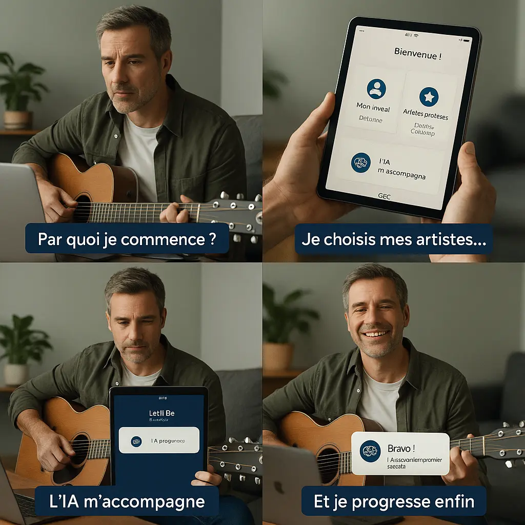 Personne utilisant une application de guitare sur tablette, créant une playlist personnalisée