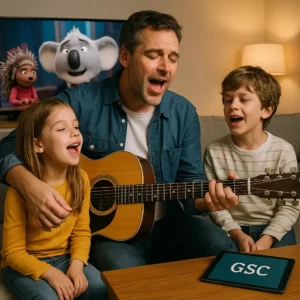 Norbert joue de la guitare et chante A Sky Full of Stars de Coldplay avec ses enfants