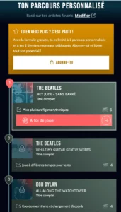 Capture d’écran du parcours personnalisé de l’application Guitar Social Club avec des chansons des Beatles et Bob Dylan