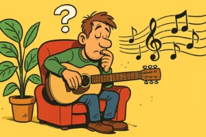 Illustration humoristique d’un homme avec une guitare se demandant ce qu’est la musique