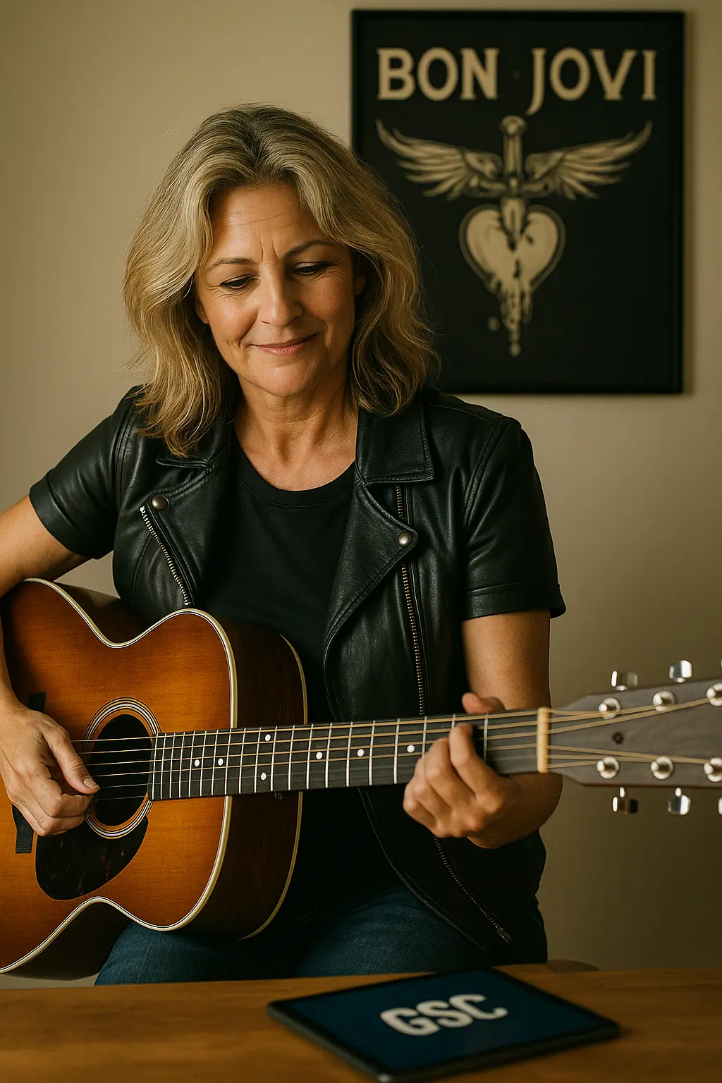 Sophie, une jeune femme, jouant de la guitare acoustique avec passion, sourire aux lèvres
