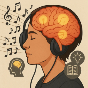 Illustration d’une personne écoutant de la musique au casque, avec son cerveau stimulé et des notes musicales symbolisant l’impact sur la mémoire et la concentration.