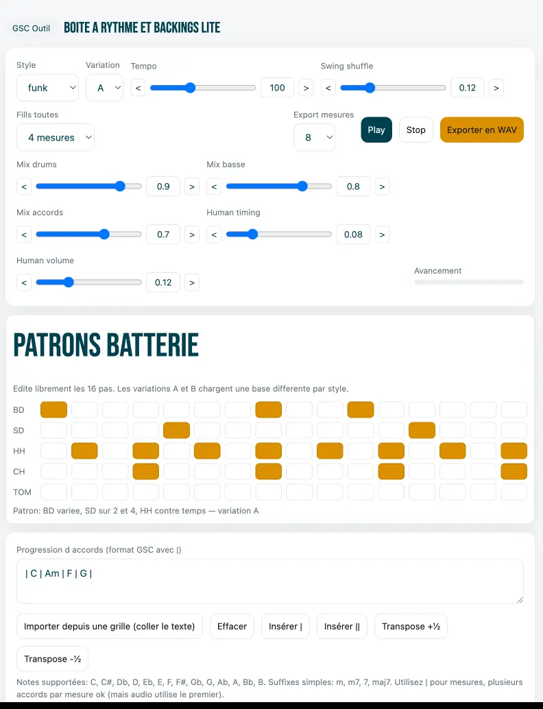 Boîte à rythmes en ligne pour guitaristes — interface styles, tempo, swing et export WAV