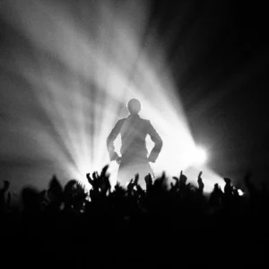 Silhouette de David Bowie sur scène, éclairé par des projecteurs, devant une foule en liesse.