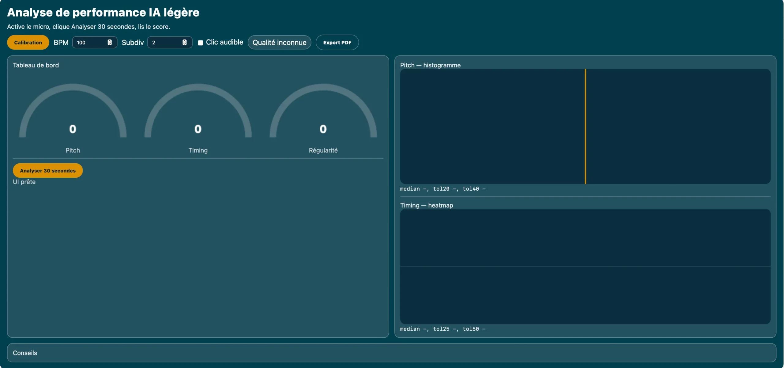 Coach guitare IA en ligne : interface d’analyse avec jauges de justesse, timing et régularité