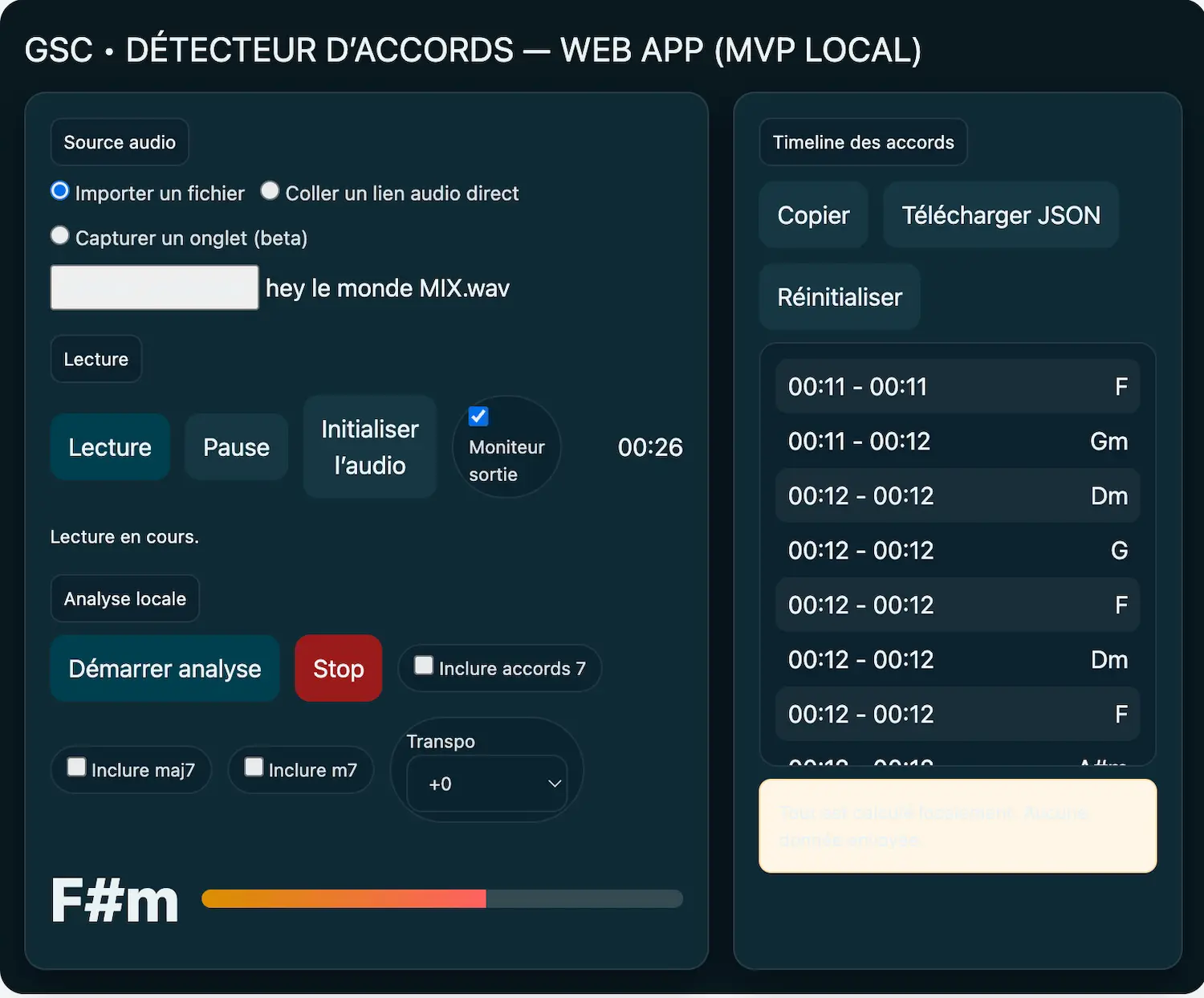Détecteur d’accords Guitar Social Club : interface avec timeline et export JSON