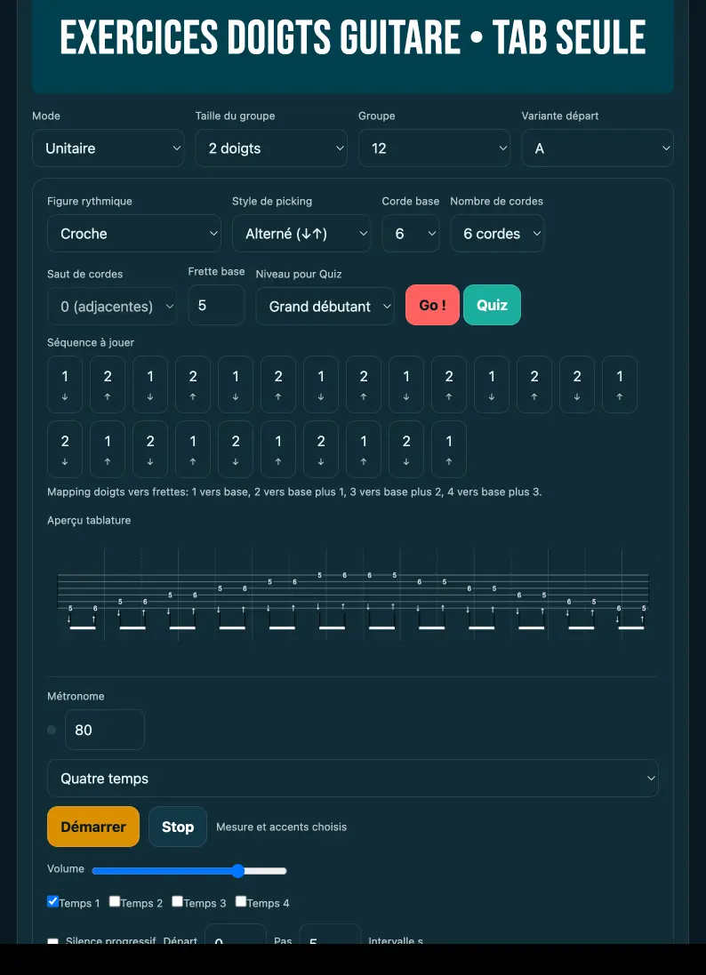 Exercices doigts guitare — interface principale du générateur interactif
