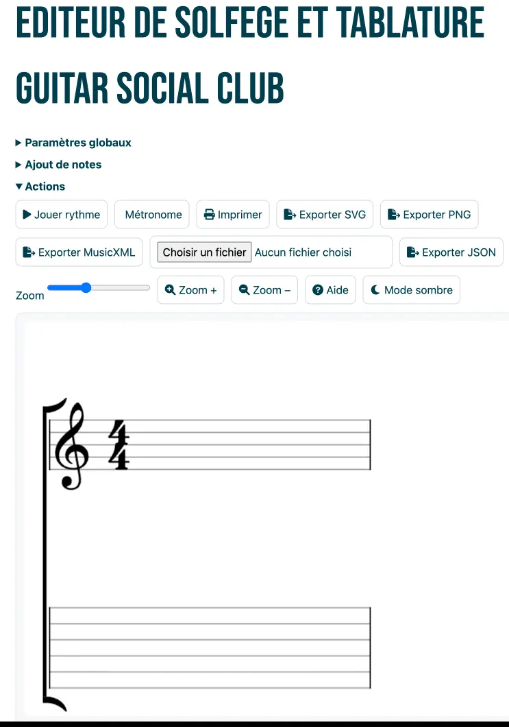 Éditeur de tablature & partition gratuit en ligne — interface TAB + portée, lecture et export