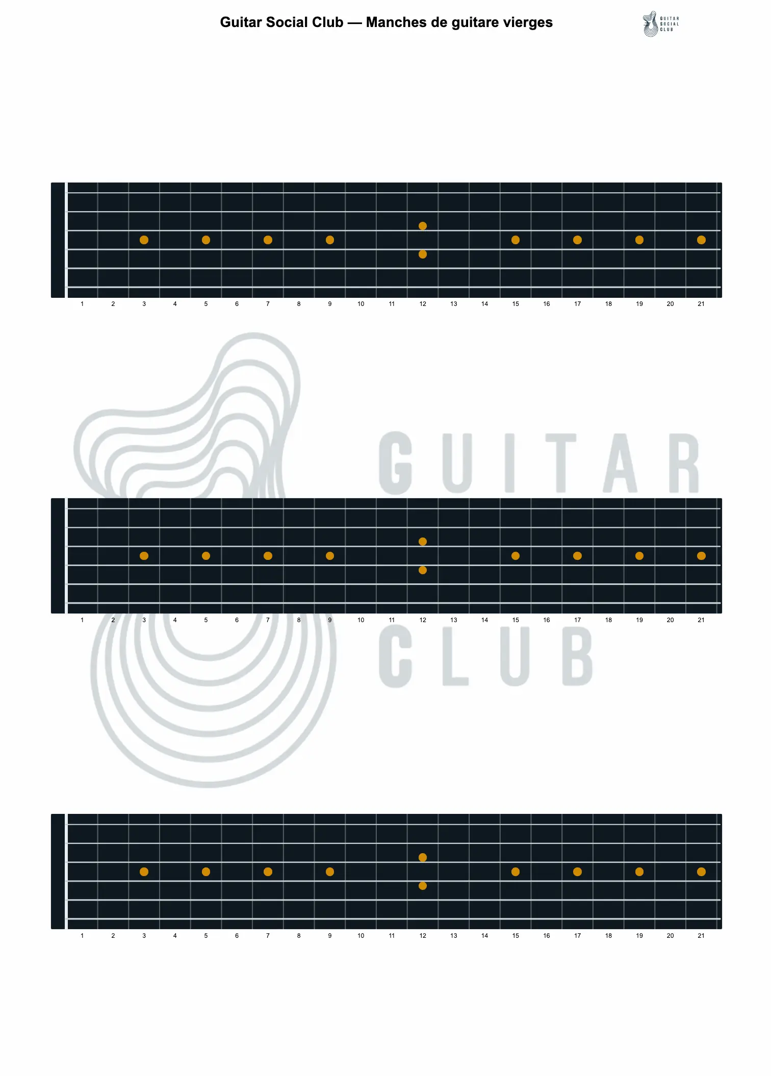 Manche de guitare vierge — version horizontale A4, 6 cordes, 24 frettes
