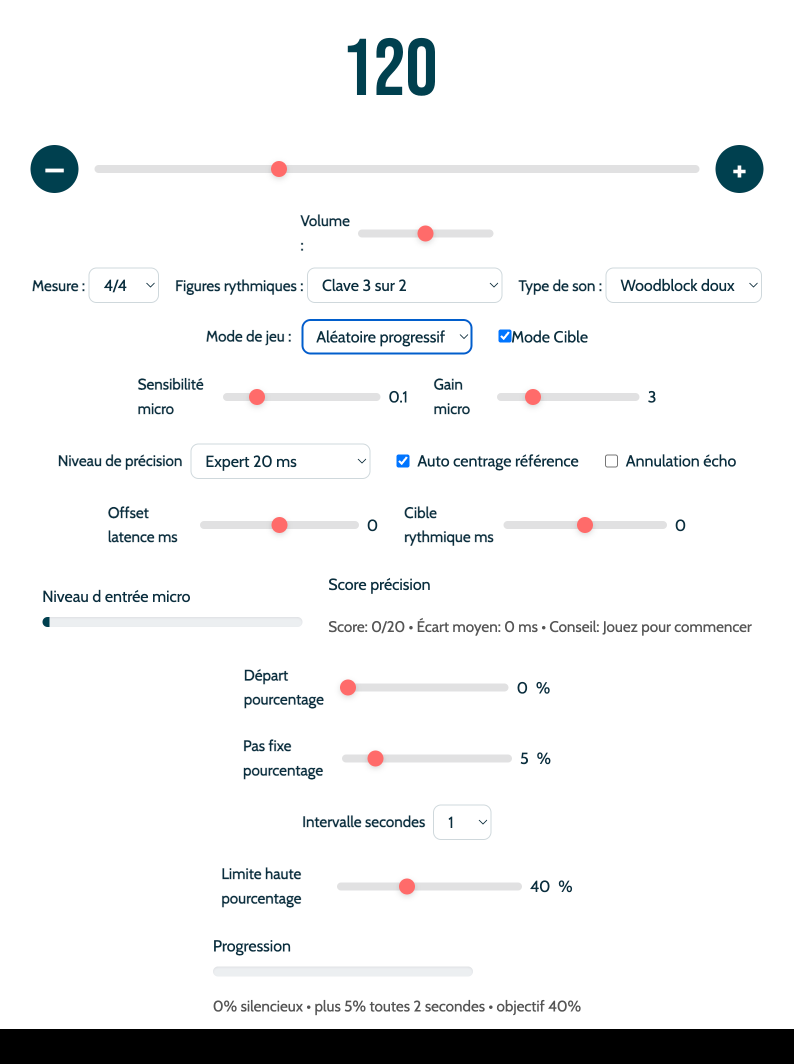 Options du métronome : subdivisions, accents, mode cible
