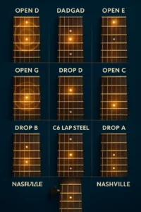 Grille de manches de guitare montrant, par des halos, la logique des cordes à vide de dix accordages célèbres