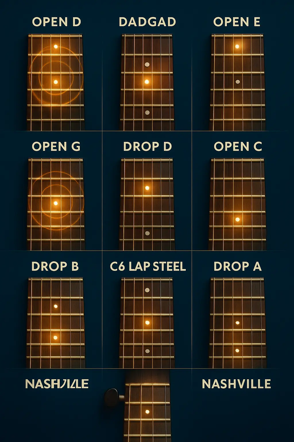 Montage de guitares emblématiques illustrant les open tunings et accordages alternatifs